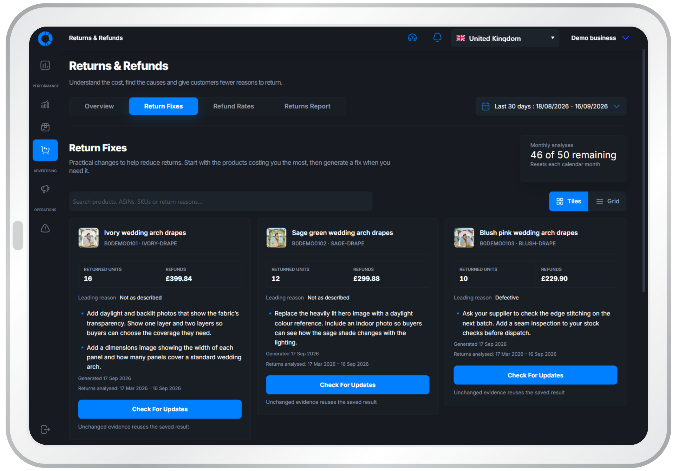 Osellpa Return Fixes showing practical product and listing suggestions on an iPad
